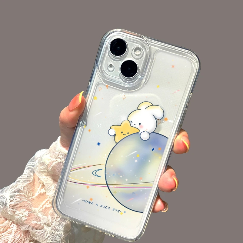 星球兔子适用苹果15手机壳vivo华为OPPO透明手机壳情侣防摔透明壳