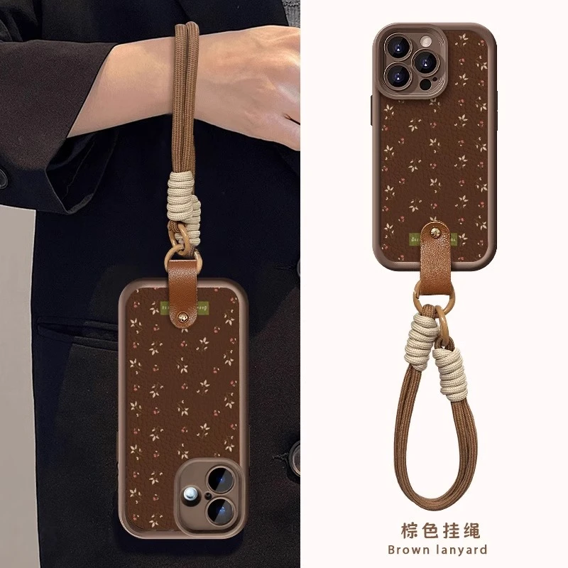秋冬棕色碎花挂绳适用苹果16手机壳华为皮纹oppo新款小米全包vivo