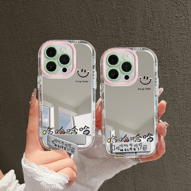 哈哈笑脸支架镜面适用华为mate60苹果15新款oppo小米14vivo手机壳