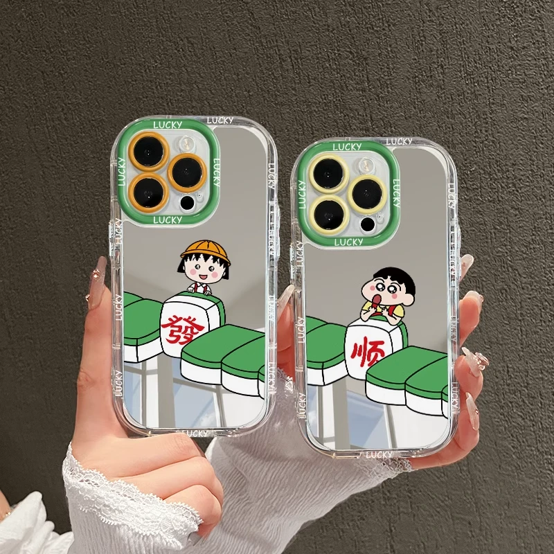 麻将小丸子镜面适用苹果15手机壳新款华为卡通oppo小米14情侣vivo