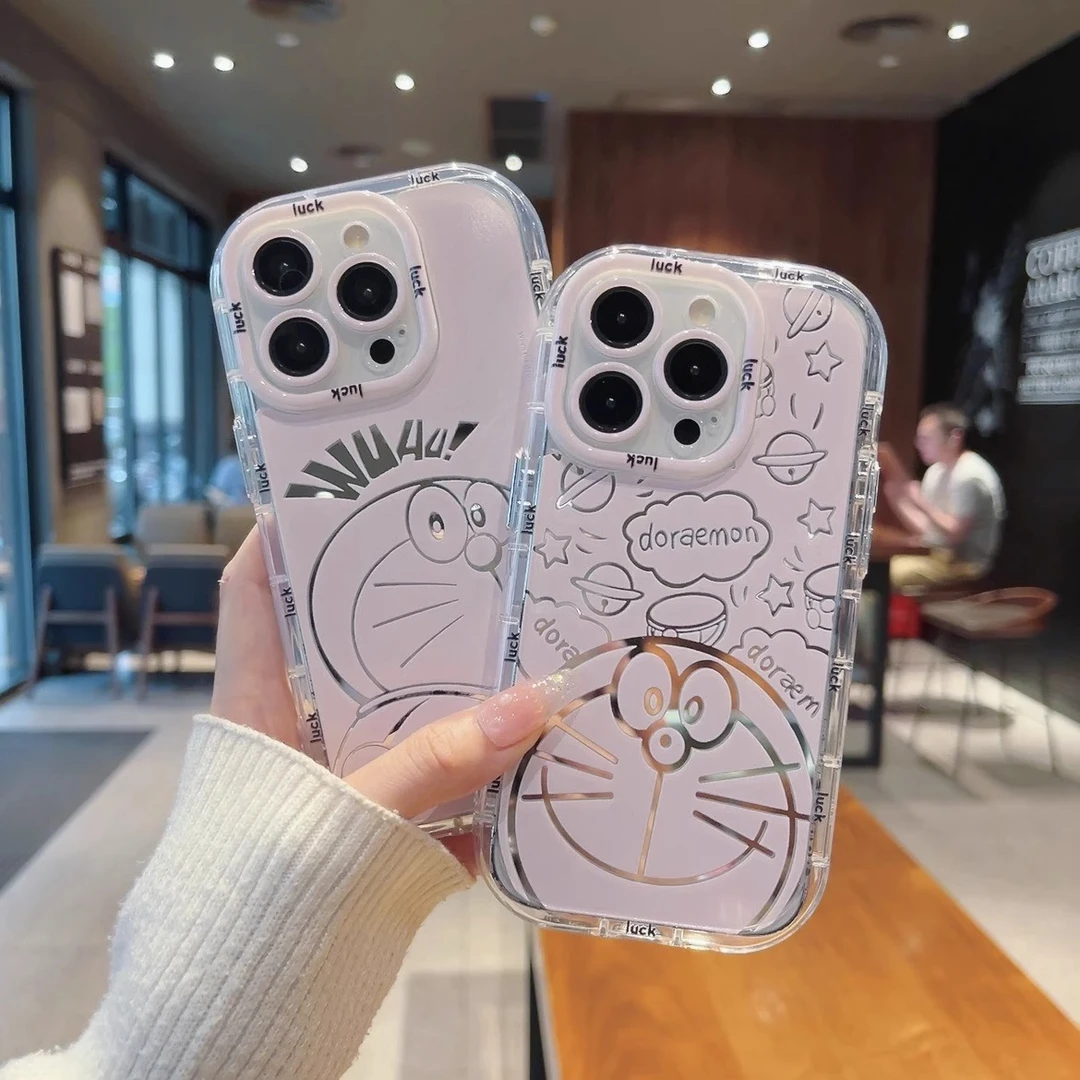 粉底哆啦a梦镜面手机壳适用苹果16华为vivo小米OPPO全包防摔新款