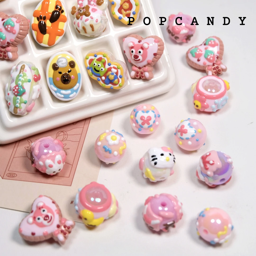 可爱手绘珠POPCANDY手作手机链DIY材料散珠草莓乖巧白熊蛋糕串珠