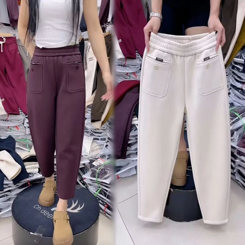 加绒加厚秋冬新款哈伦裤女高腰显瘦宽松休闲小个子洋气九分萝卜裤