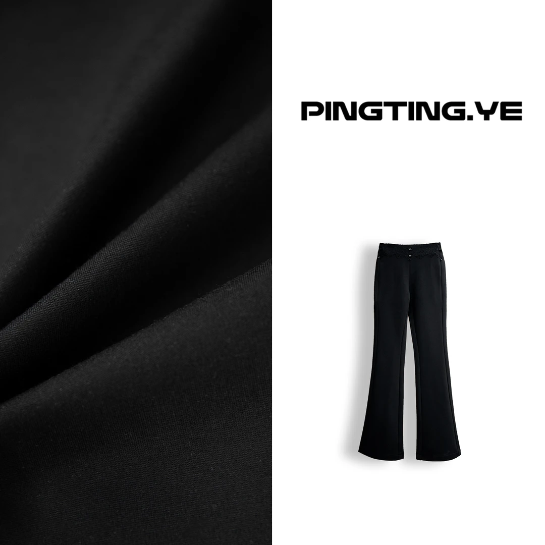 PINGTING.YE加绒高腰蕾丝拼接修身显瘦小黑裤微喇裤68823