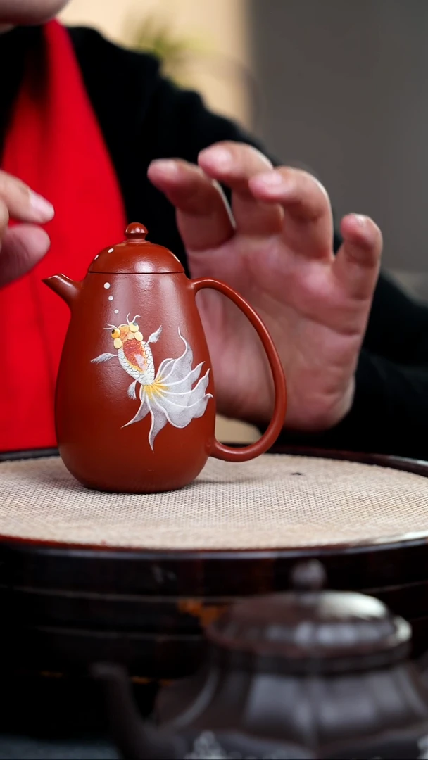 【闪购商品】紫砂茶壶大红袍高龙蛋泥绘金鱼