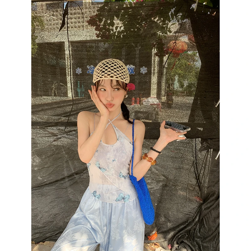 【香妃】蝴蝶印花挂脖背心吊带女度假外穿上衣3550
