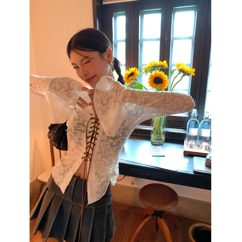 【月下芭蕾】抽绳系带蕾丝衬衫初秋喇叭袖打底上衣3056