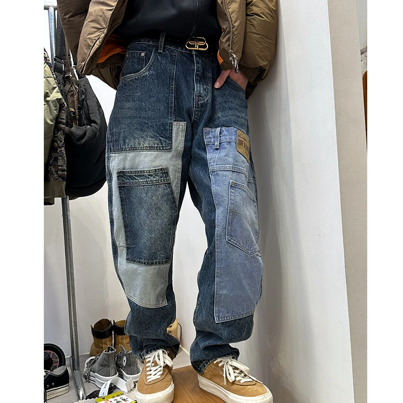 复古重磅水洗15盎司手工拼接跨牛牛仔裤长裤秋冬男女