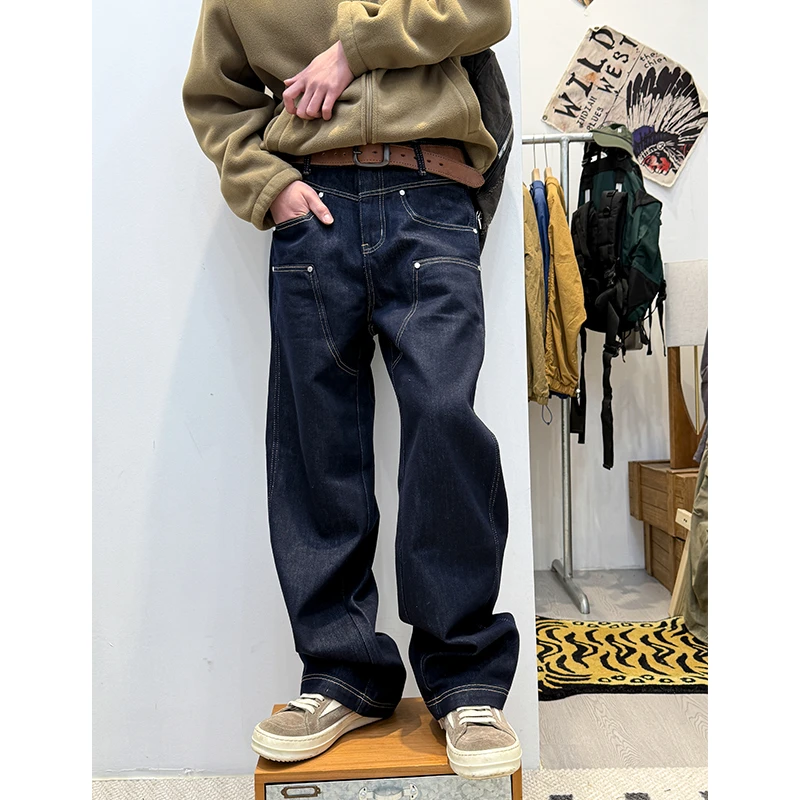 原色丹宁伐木牛仔裤莱赛尔纤维冬季宽松加薄绒保暖直筒拖地长裤