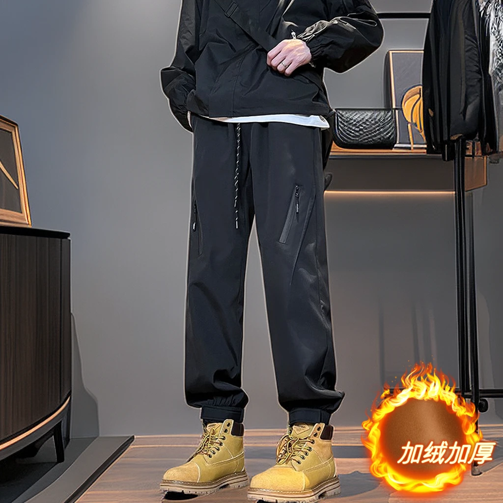美式户外直筒加绒束脚裤子高街拉链工装防水宽松机能冲锋裤男冬季
