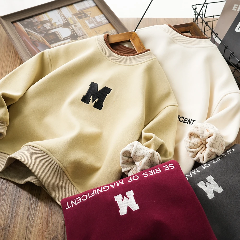 男童儿童秋冬字母M刺绣防风加绒卫衣假两件圆领中大童上衣S798