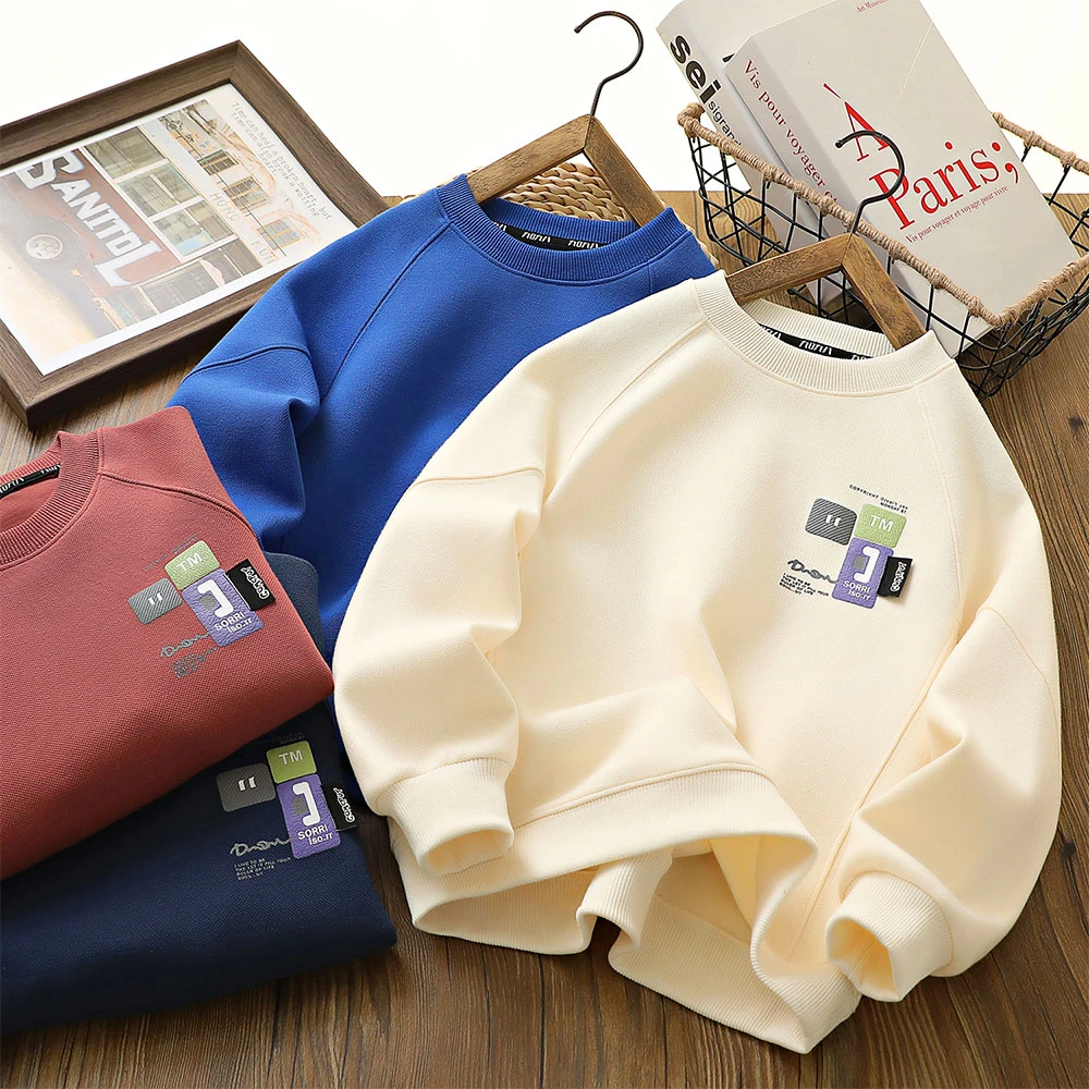 儿童男童秋季新款彩色字母发泡拼接卫衣中大童圆领百搭上衣6663