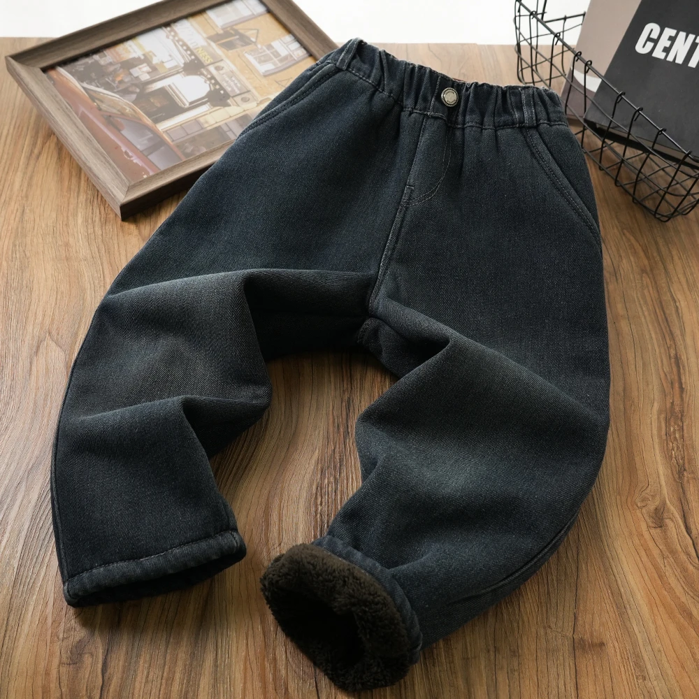 男童儿童冬季新款后口袋字母贴标加绒牛仔裤中大童百搭裤子S797