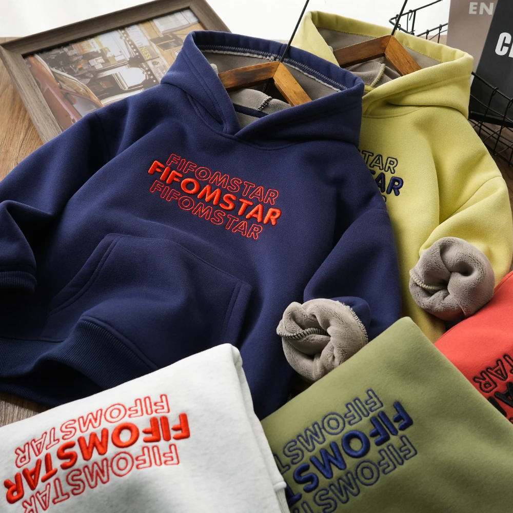 男童冬季字母刺绣口袋百搭加绒连帽卫衣中大童儿童上衣24456