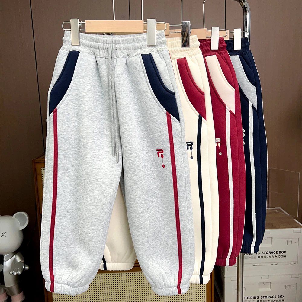 儿童秋冬R刺绣撞色拉条厚绒卫裤中大童男童时尚裤子S816