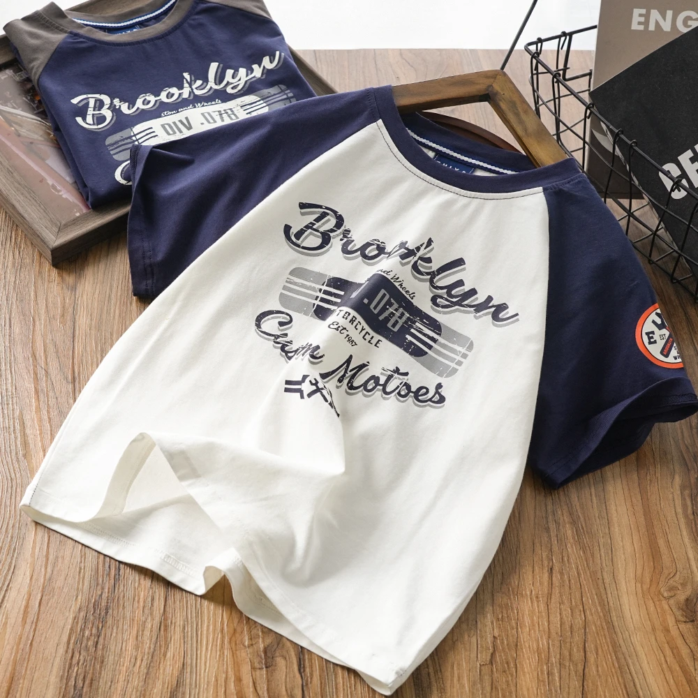 男童儿童夏季新款字母印花撞色短袖T恤中大童休闲圆领上衣2963