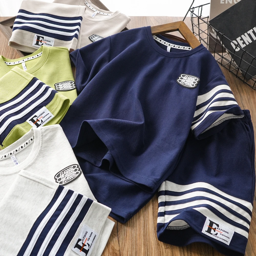 儿童男童夏季新款字母贴标拉条休闲短袖套装中大童两件套36003