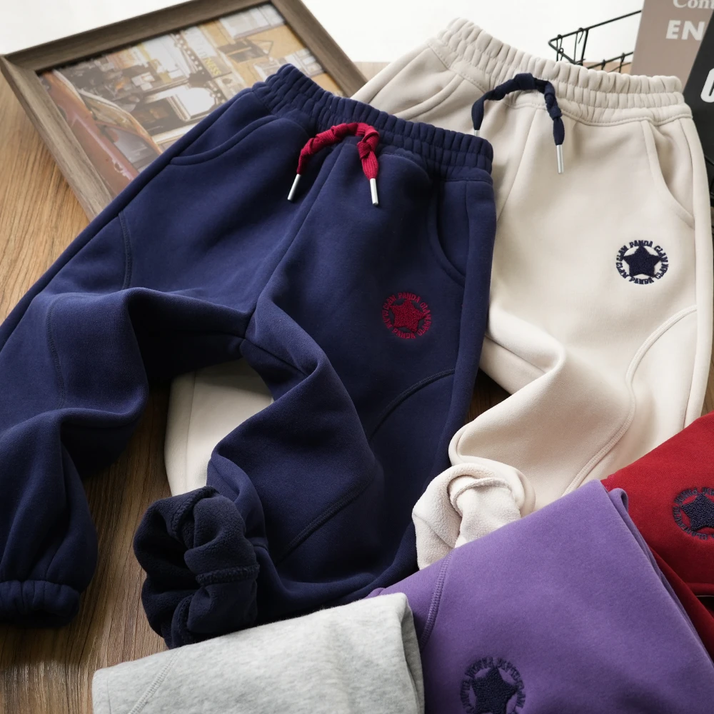 儿童秋冬五星刺绣拼接休闲加绒运动裤中大童百搭裤子卫裤GP1002