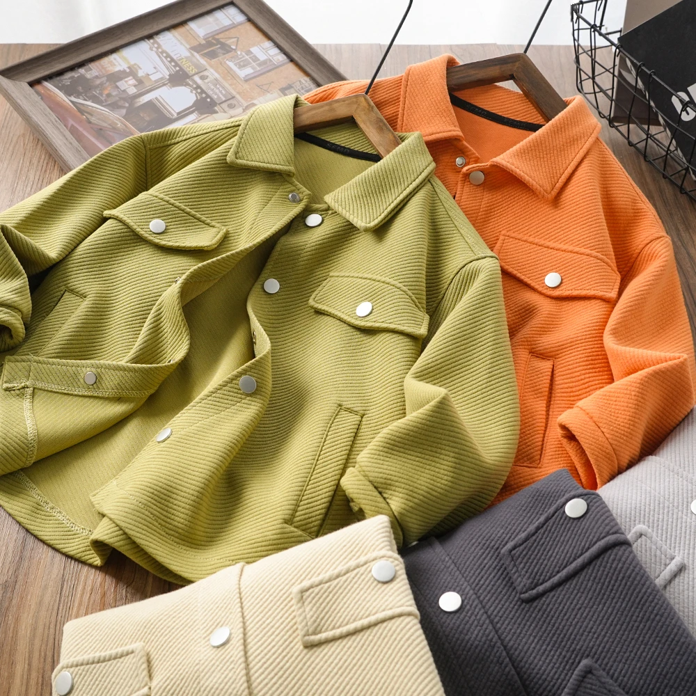 男童儿童春秋新款假口袋斜纹翻领外套中大童百搭衬衣休闲24C07