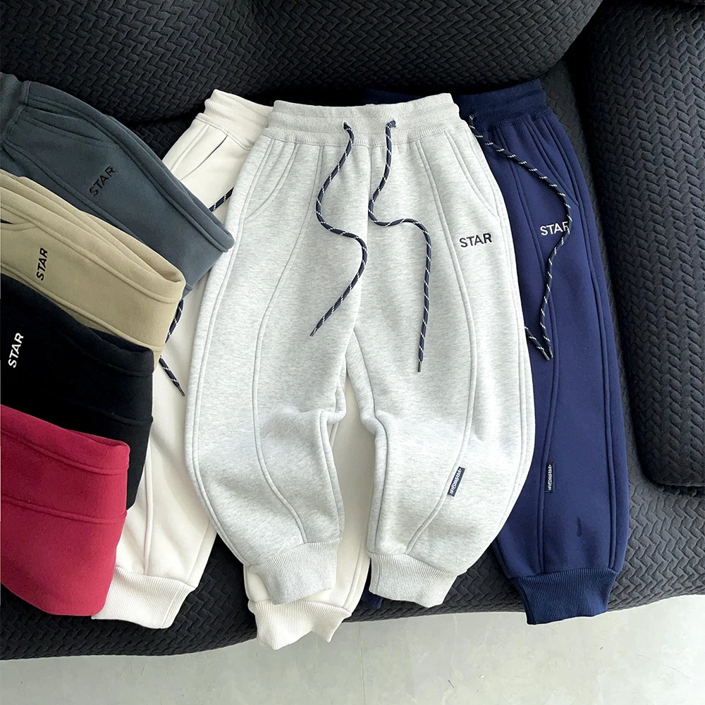 儿童秋冬字母刺绣拼接休闲加绒裤子中大童男童百搭长裤24445