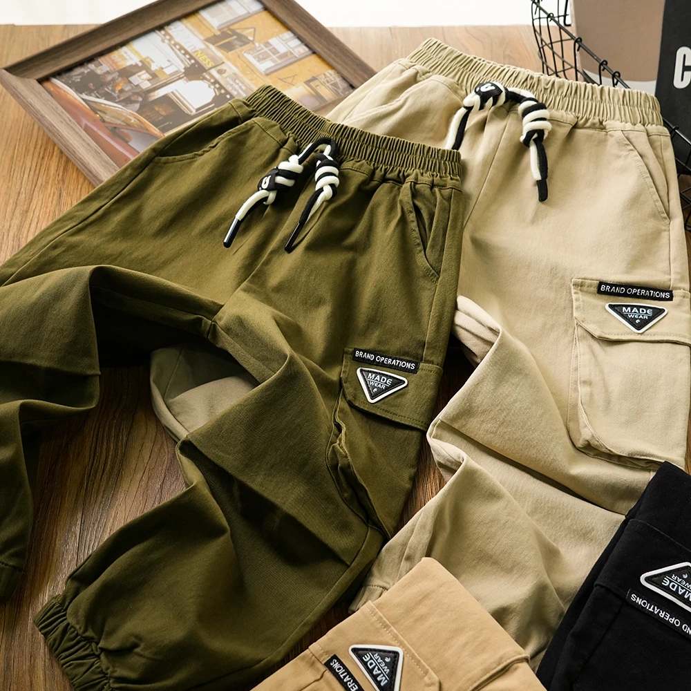 儿童男童秋季新款三角标捏褶口袋工装裤中大童抽绳裤子9350