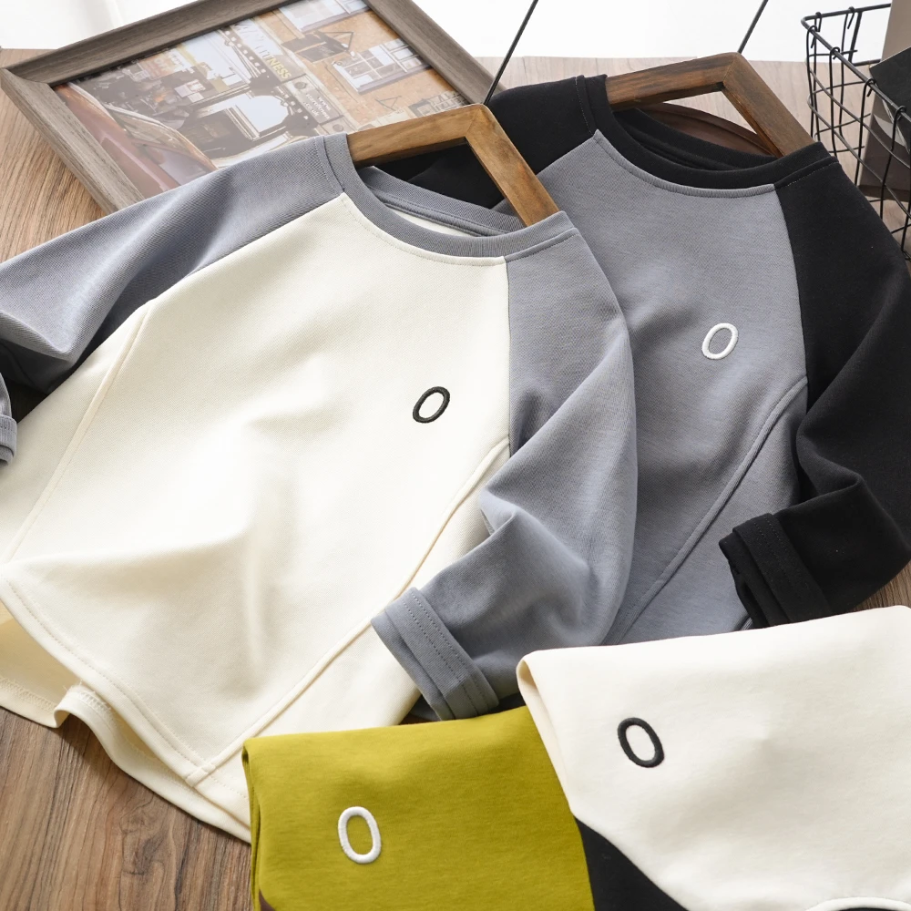 男童儿童春秋新款O刺绣撞色长袖T恤中大童圆领打底衫2024010