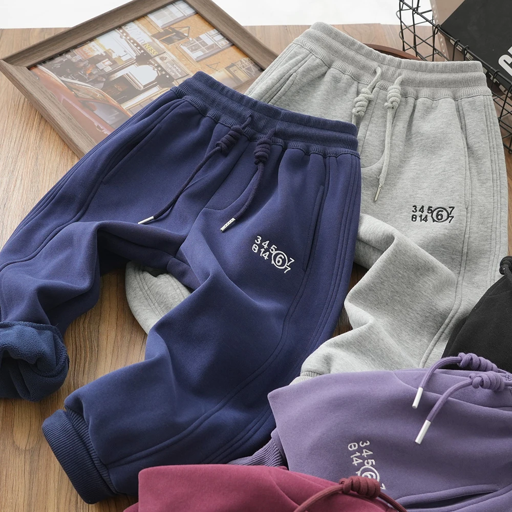 儿童男童秋冬新款数字刺绣拼接加绒裤子中大童抽绳长裤洋气23805