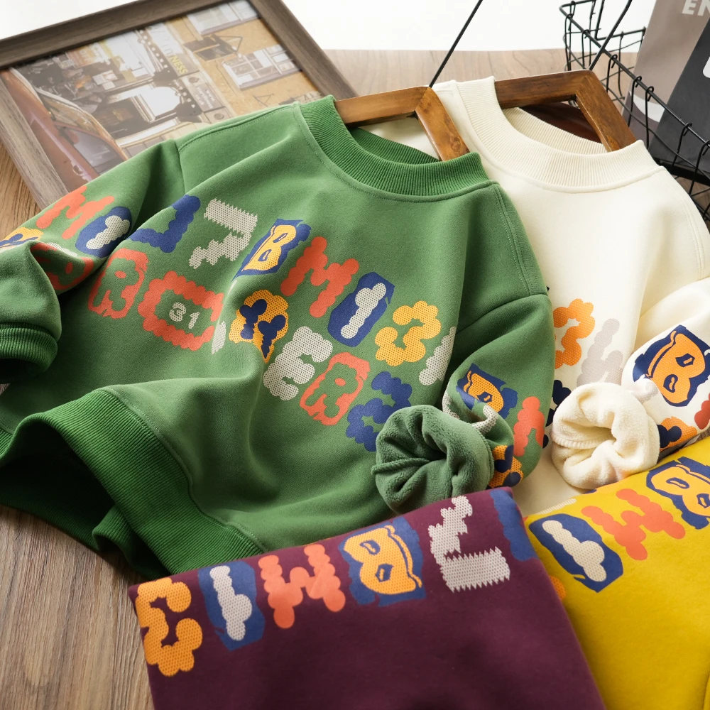 儿童秋冬时尚字母印花圆领加绒卫衣中大童男童休闲上衣6103