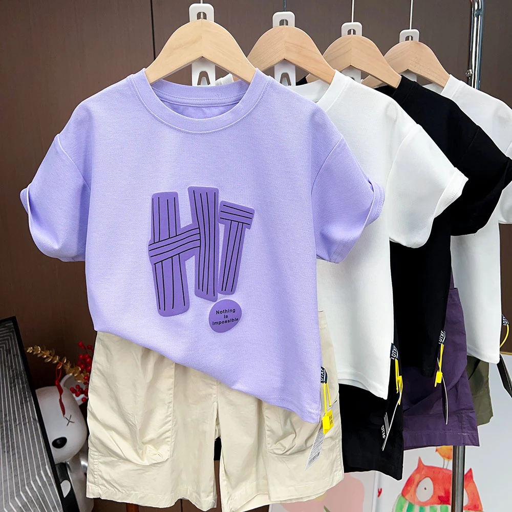 儿童男童夏季新款字母HI发泡休闲短袖套装中大童百搭两件套26820