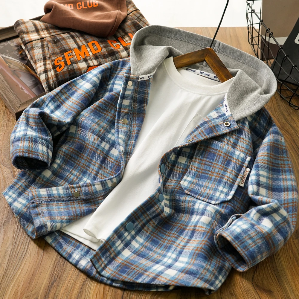 儿童男童秋季新款数字91印花格子连帽外套中大童百搭上衣24Q15