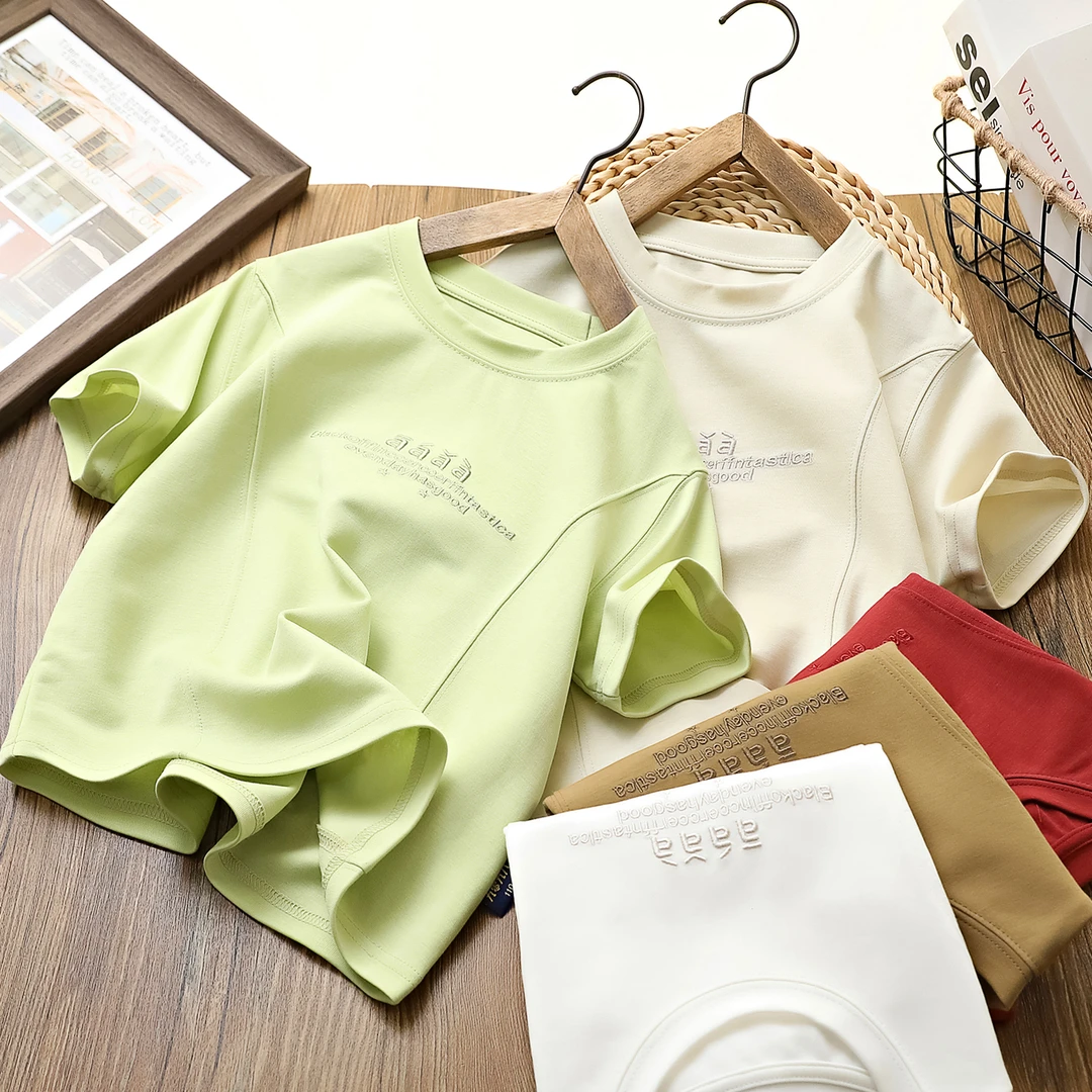 儿童男童夏季新款字母刺绣拼接百搭短袖T恤中大童休闲上衣6673