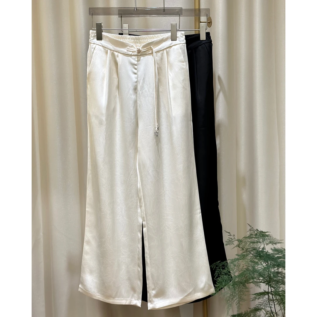 【003】新中式国风女装提花阔腿裤显瘦松紧腰流苏中高腰直筒裤女