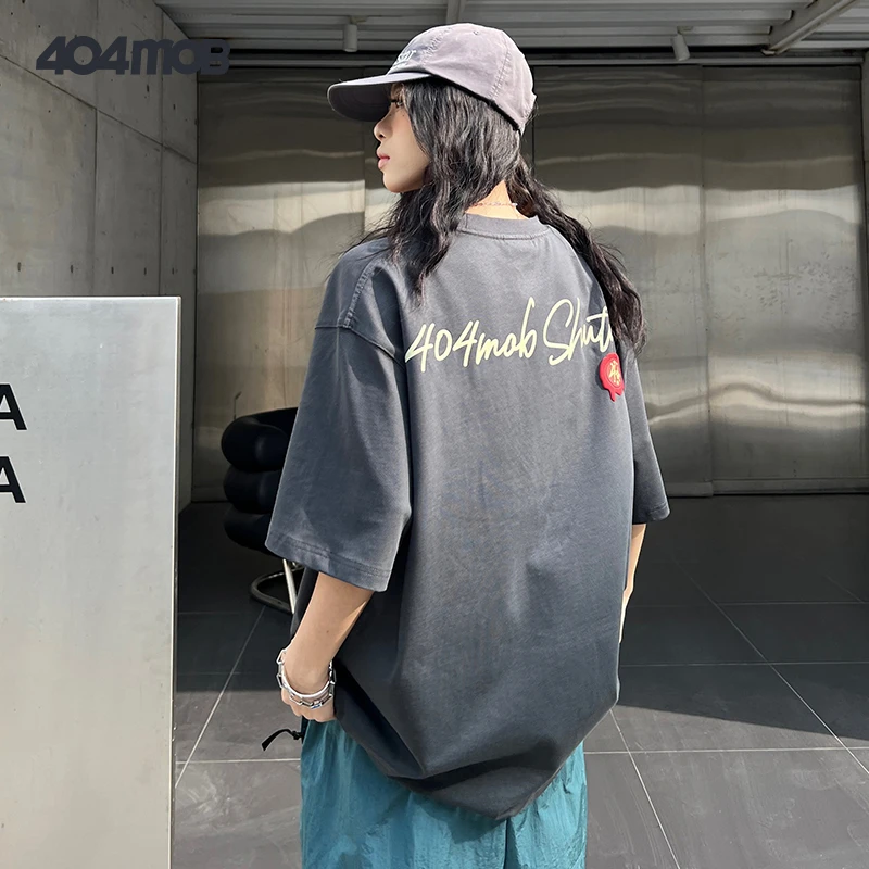 【404MOB】夏季重磅280g美式邮戳印花短袖男女打底潮牌情侣宽松半袖