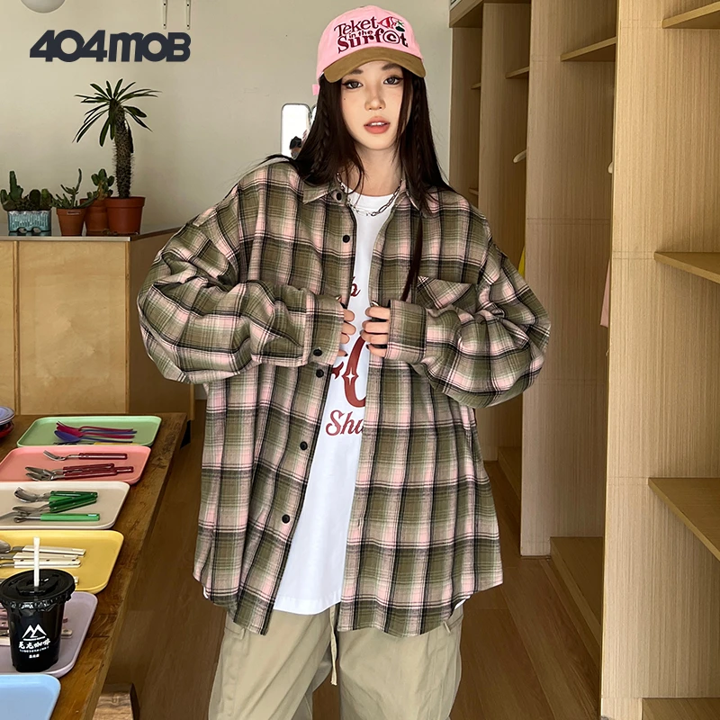 404MOB复古磨毛刺绣长袖衬衫美式高街学院风情侣百搭格子外套