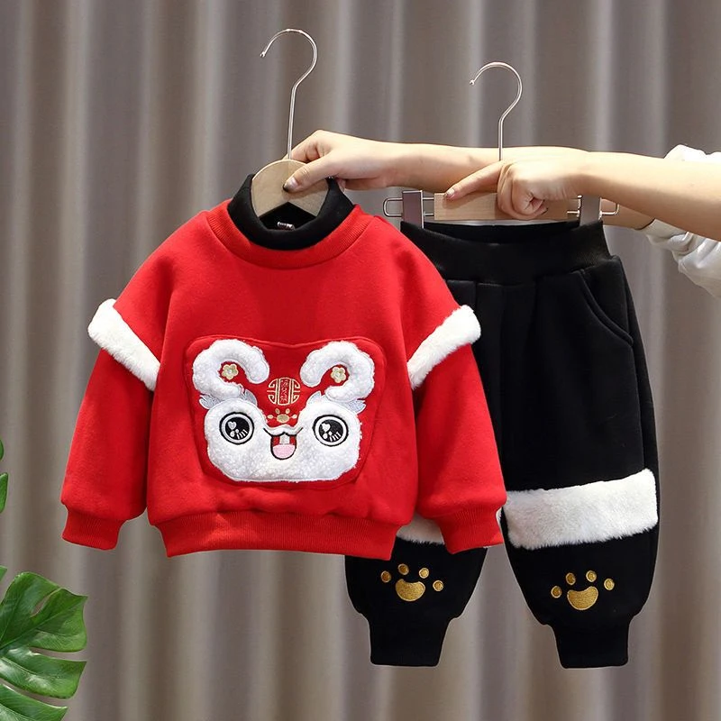 男童女童小童秋冬洋气套装刺绣龙年婴儿喜庆唐装儿童汉服两件套