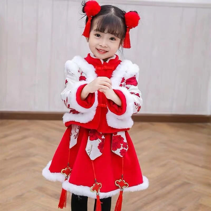 洋气秋冬宝宝加绒加厚古装中国风童装儿童公主裙新年礼服拜年服
