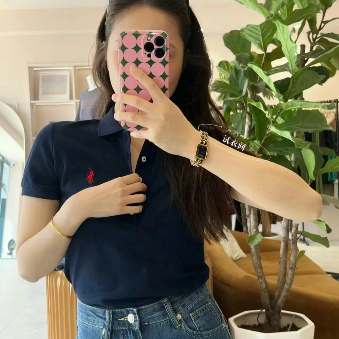 新款正肩翻领衫半袖2024夏季女气质修身显瘦短袖T恤