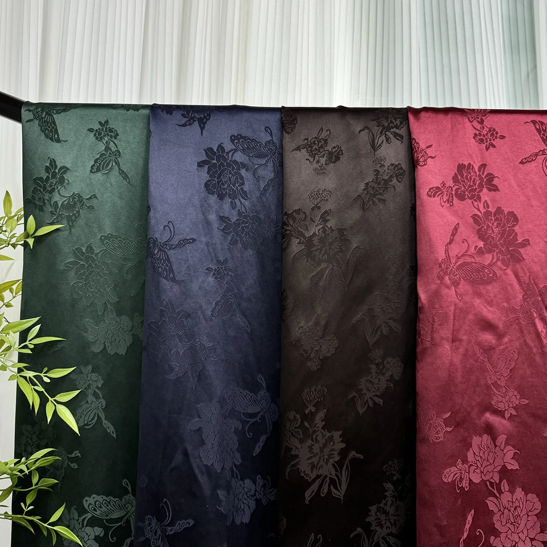 蝴蝶牡丹花提花重缎香云纱110门幅40姆米左右 桑蚕丝面料布料