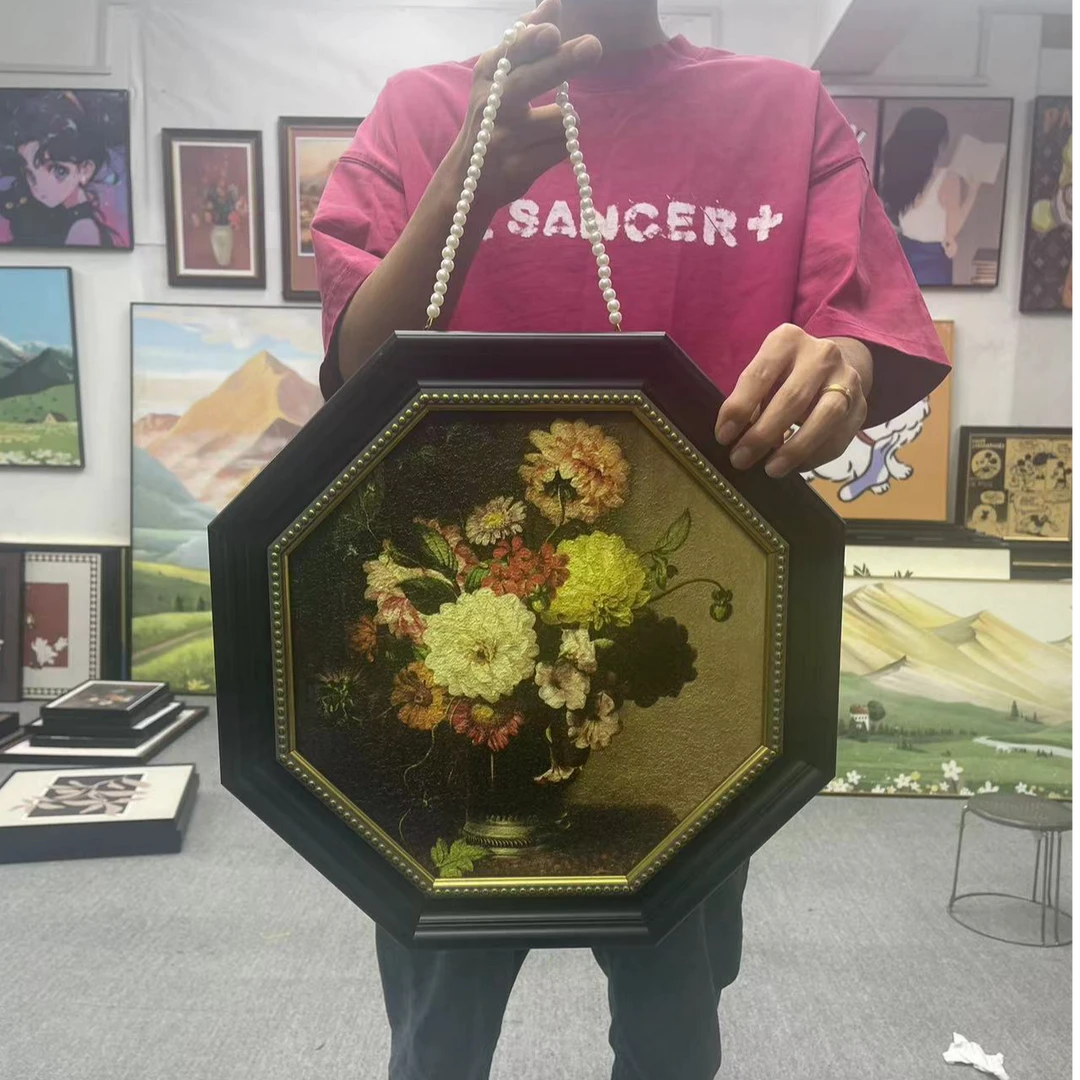 美式复古餐厅背景墙装饰画六边形组合挂画欧式玄关壁画八边形