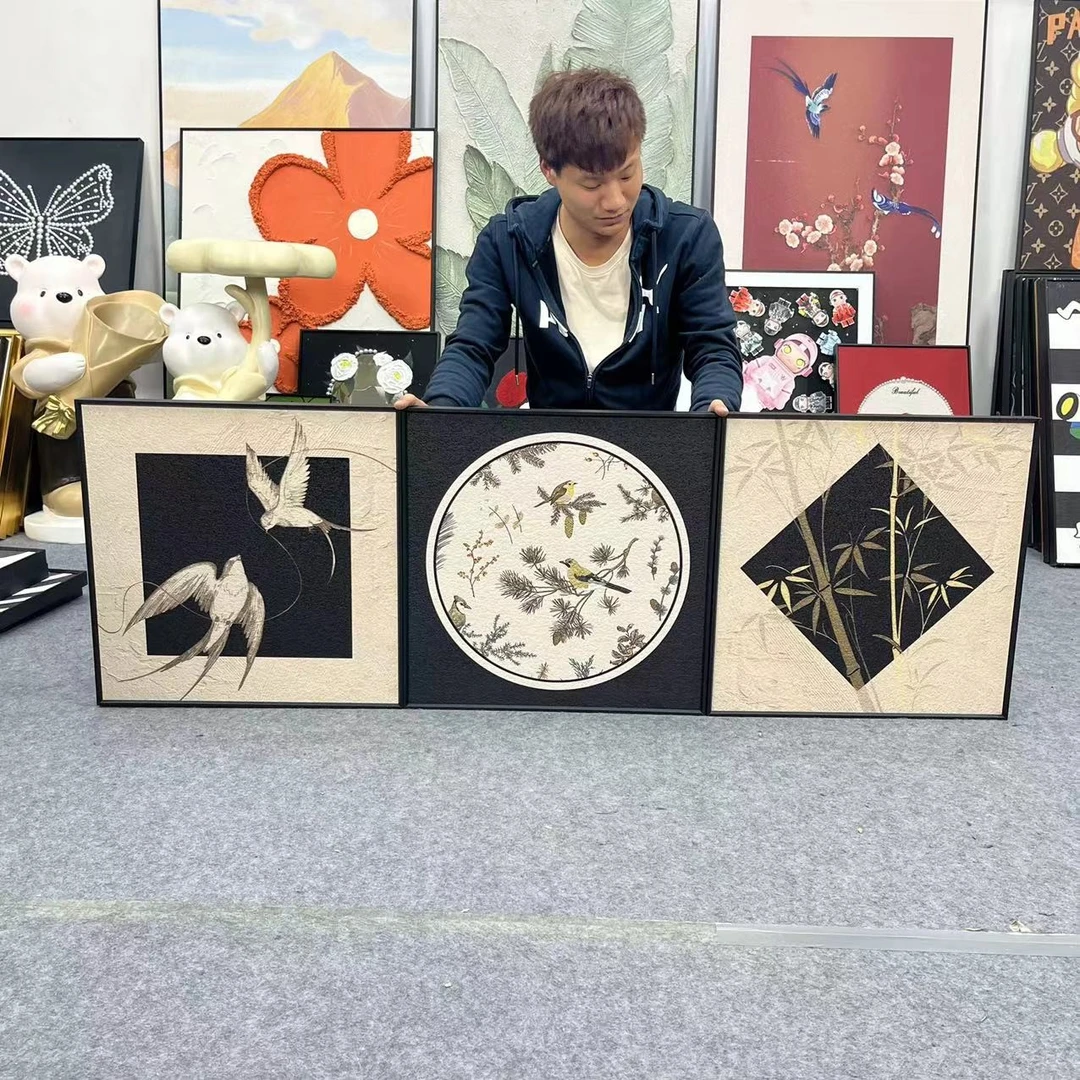 新中式法式复古风电视柜桌面高级感装饰画免摆画挂画小鸟竹子350