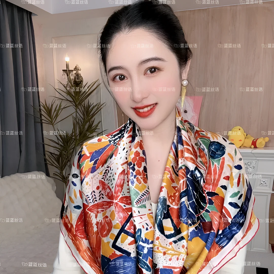蓝蓝丝语【蜡笔童话】重磅新款桑蚕丝素绉缎气质女士丝巾110*110