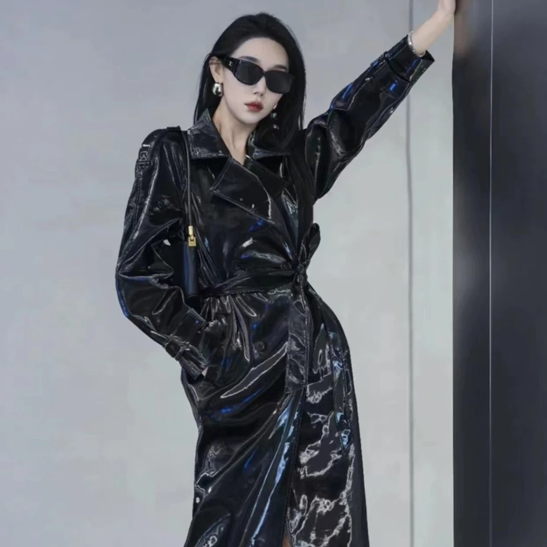 REBECCA FANG春季新款PU激光收腰中长款酷飒设计师轻熟风衣外套女