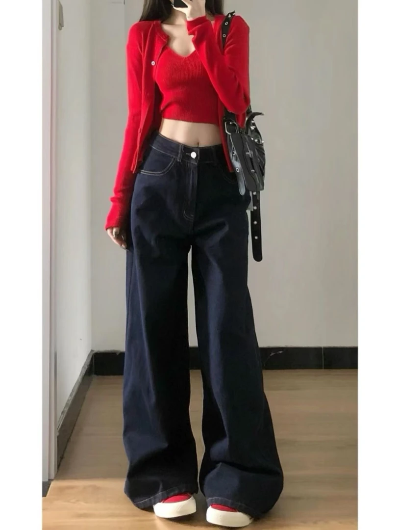 美式复古深蓝牛仔阔腿裤女春季新款高腰松弛感宽松直筒拖地长裤子