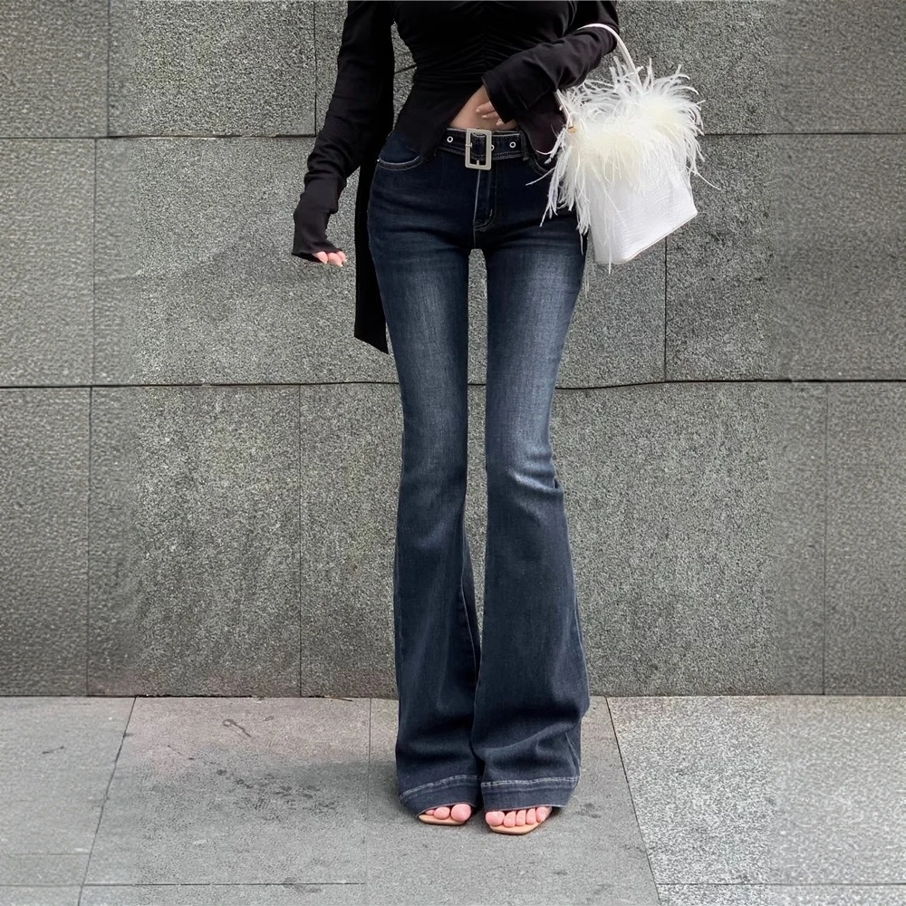 美式牛仔裤女秋冬深蓝色低腰弹力马蹄裤子修身紧身微喇叭拖地长裤