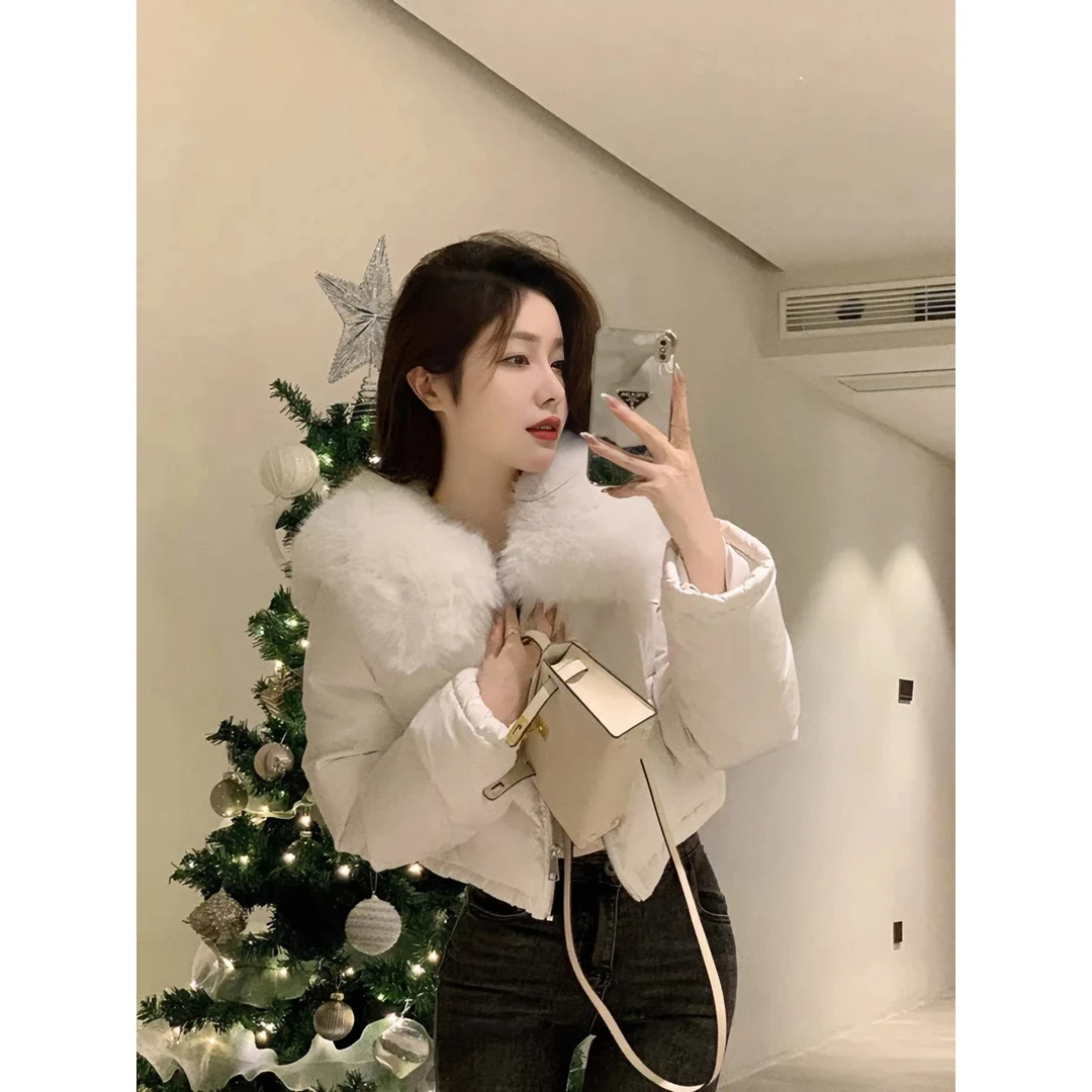 高端白色毛领羽绒棉服短款外套女冬季新款2024加厚面包棉衣高个子