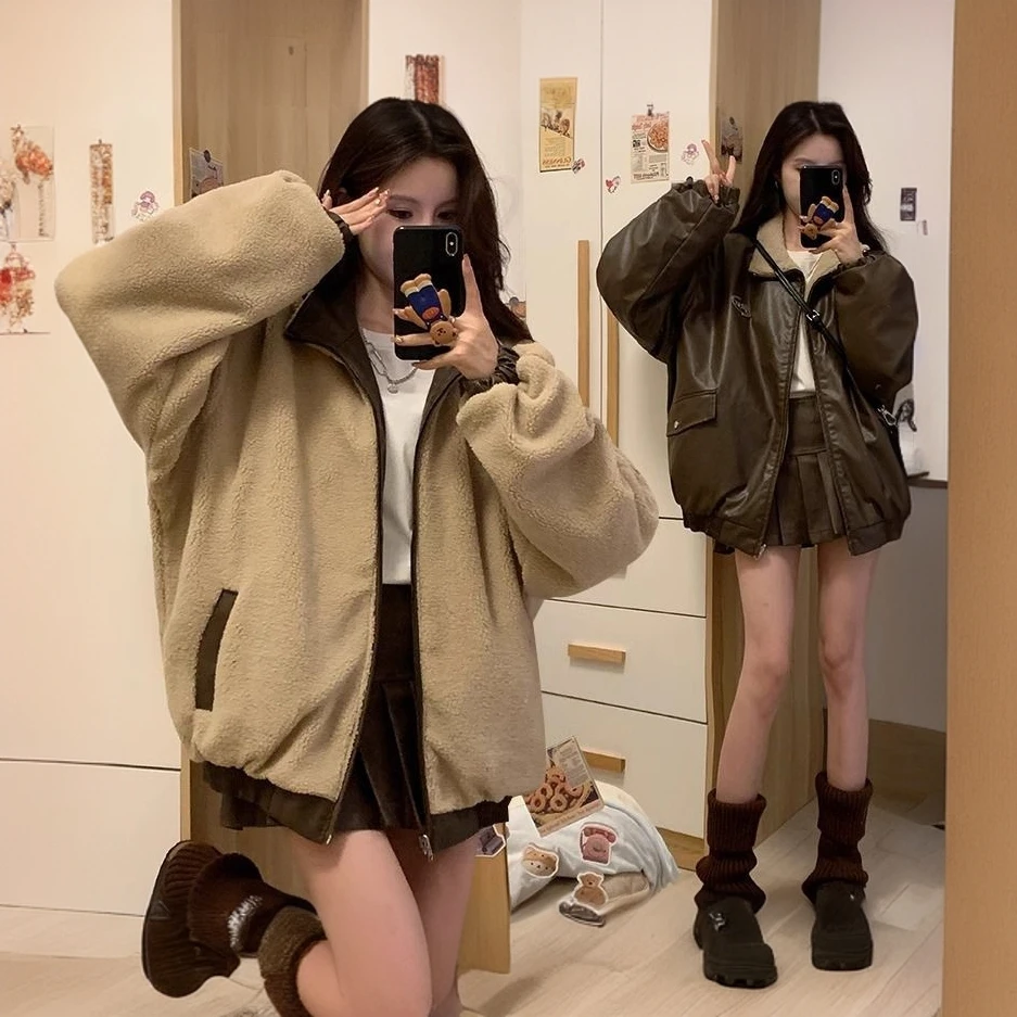 美拉德风PU皮机车棉服男女冬季新款美式复古两面穿加绒加厚外套潮