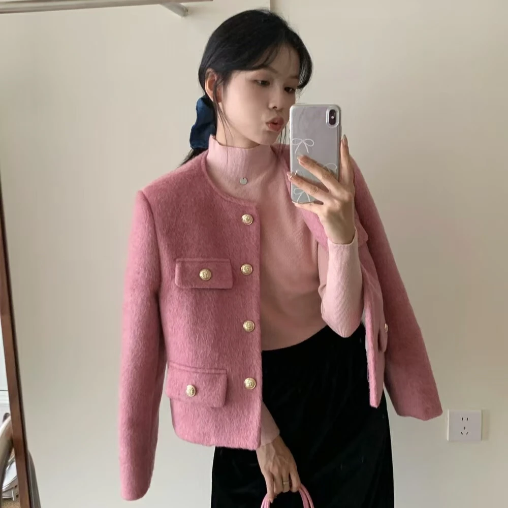 维也纳冬季 气质经典树莓粉粗花呢设计感夹棉加厚毛呢小香风外套