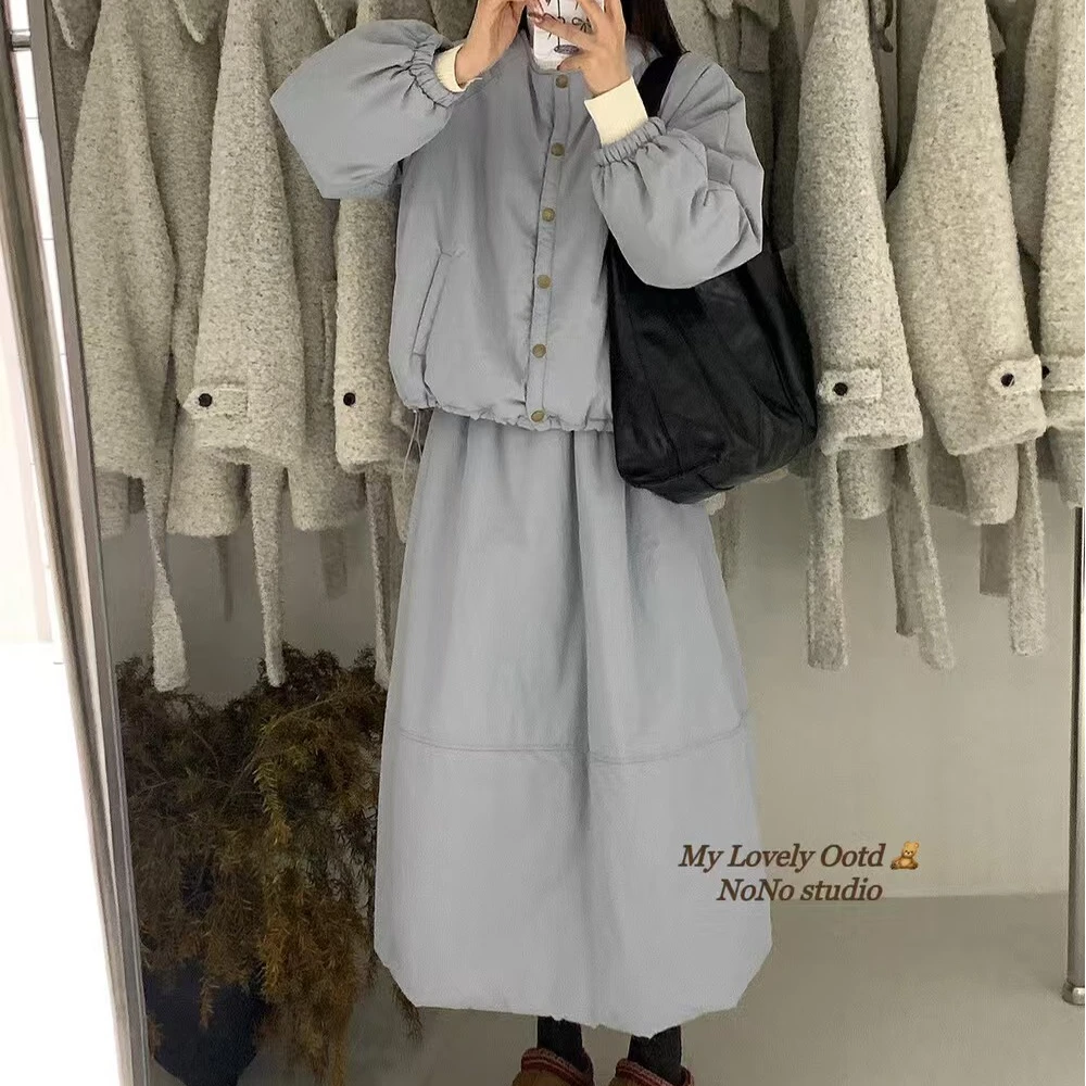 2024秋冬暖洋洋两件套圆领韩系宽松棉服外套+松紧腰半身裙套装
