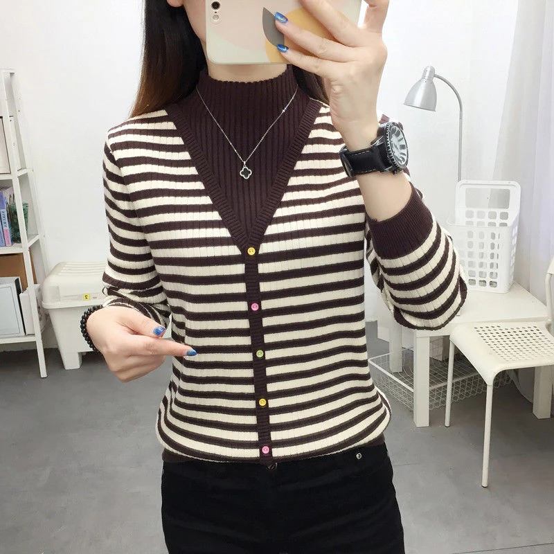 假两件半高领针织衫毛衣女2023秋冬新款小个子女士打底衫内搭上衣