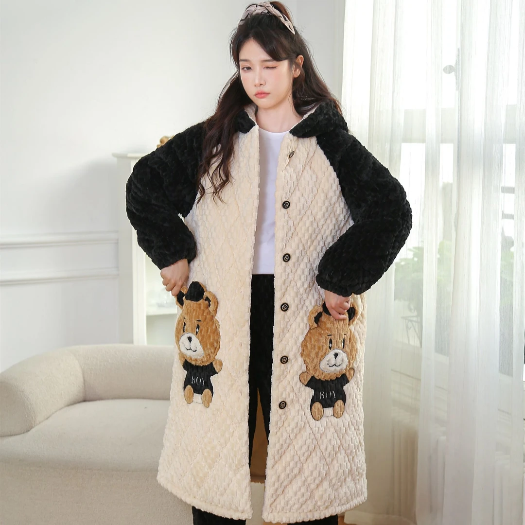 P1032冬季保暖加厚睡衣家居服女士套装加绒冬款冬天可爱口袋MM